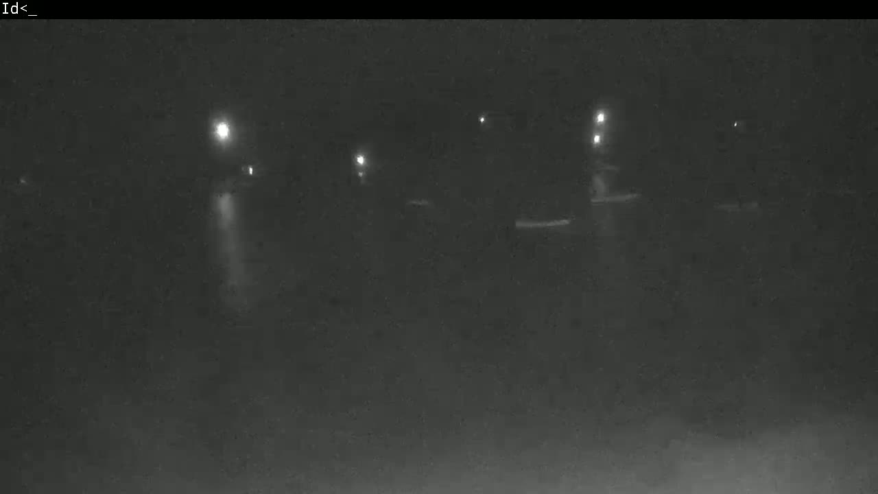 A nighttime, low-visibility scene shows indistinct objects and several distant lights.