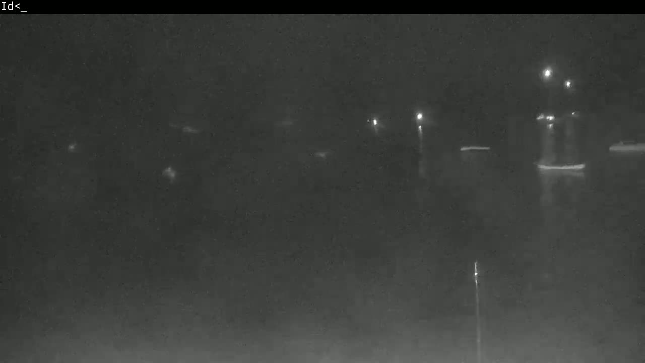 A nighttime, low-light image shows several lights reflecting on a dark body of water.