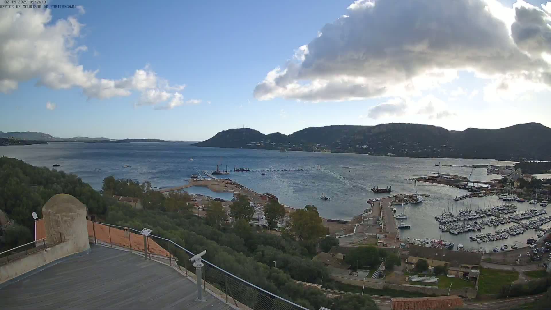 A partly cloudy day overlooking a harbor filled with boats, a construction area, and a large body of water with hills and mountains in the background.