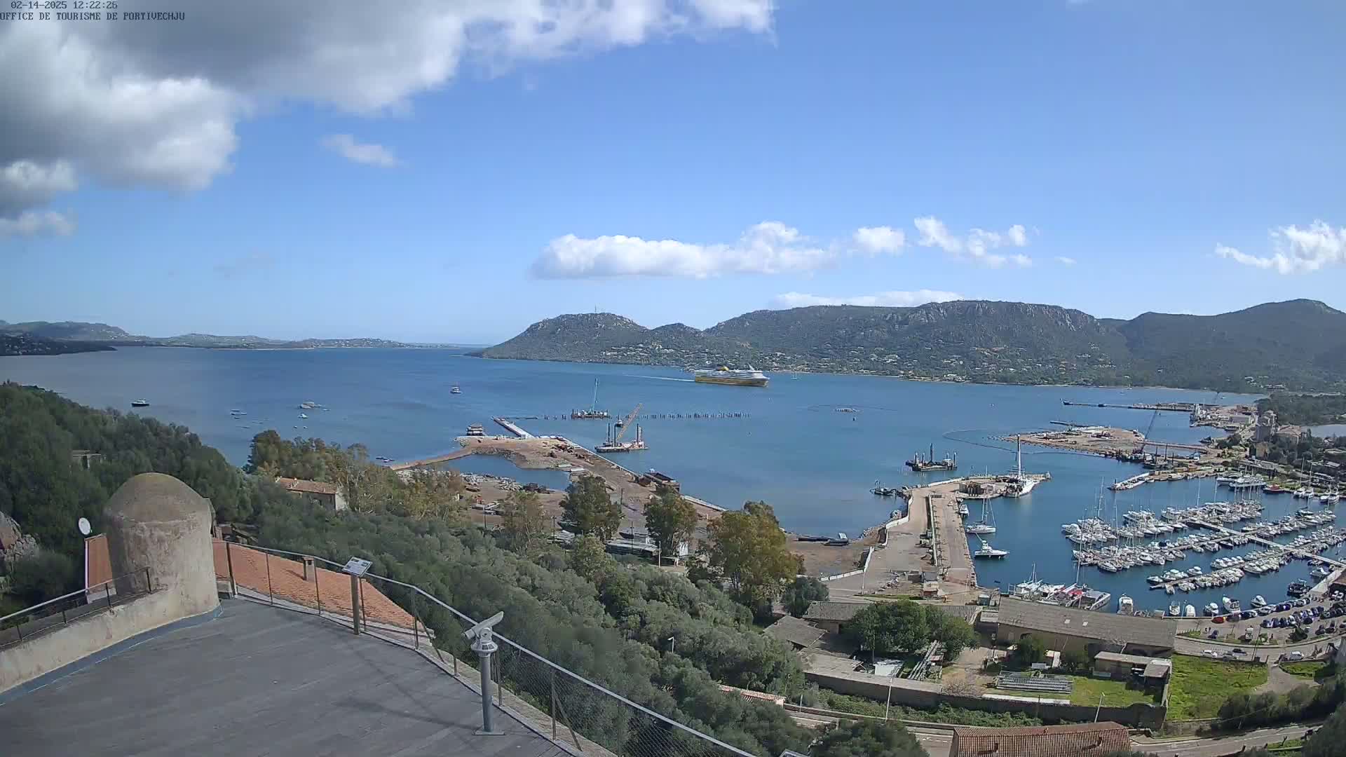 A mostly sunny day overlooking a harbor filled with boats, construction, and a large cruise ship in the distance, with hills in the background.