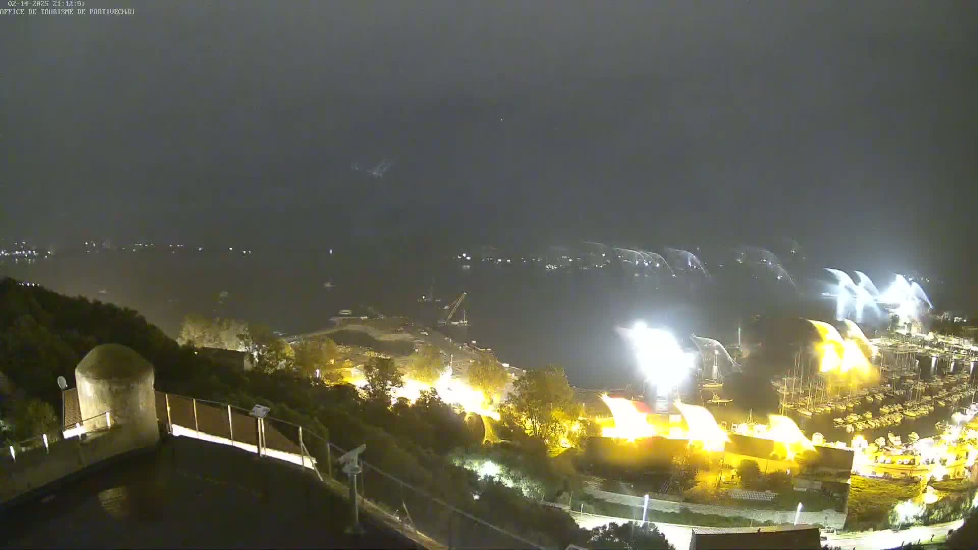 A nighttime view from an elevated position shows a harbor with brightly lit boats and structures, water features appearing to be fountains or water jets, and dark green foliage in the foreground under an overcast sky.
