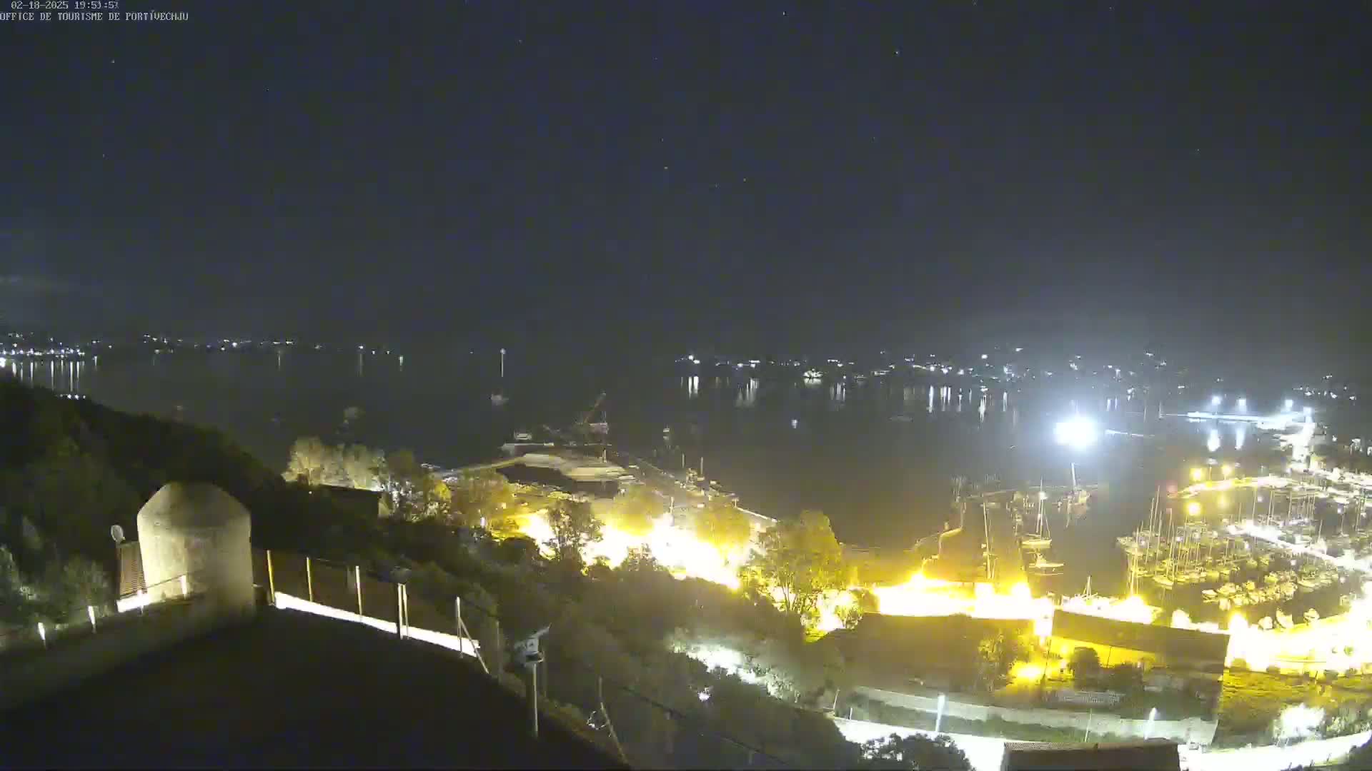 A nighttime, high-angle view shows a harbor filled with boats, illuminated by bright lights, beside a calm body of water reflecting city lights under a clear, starry sky.