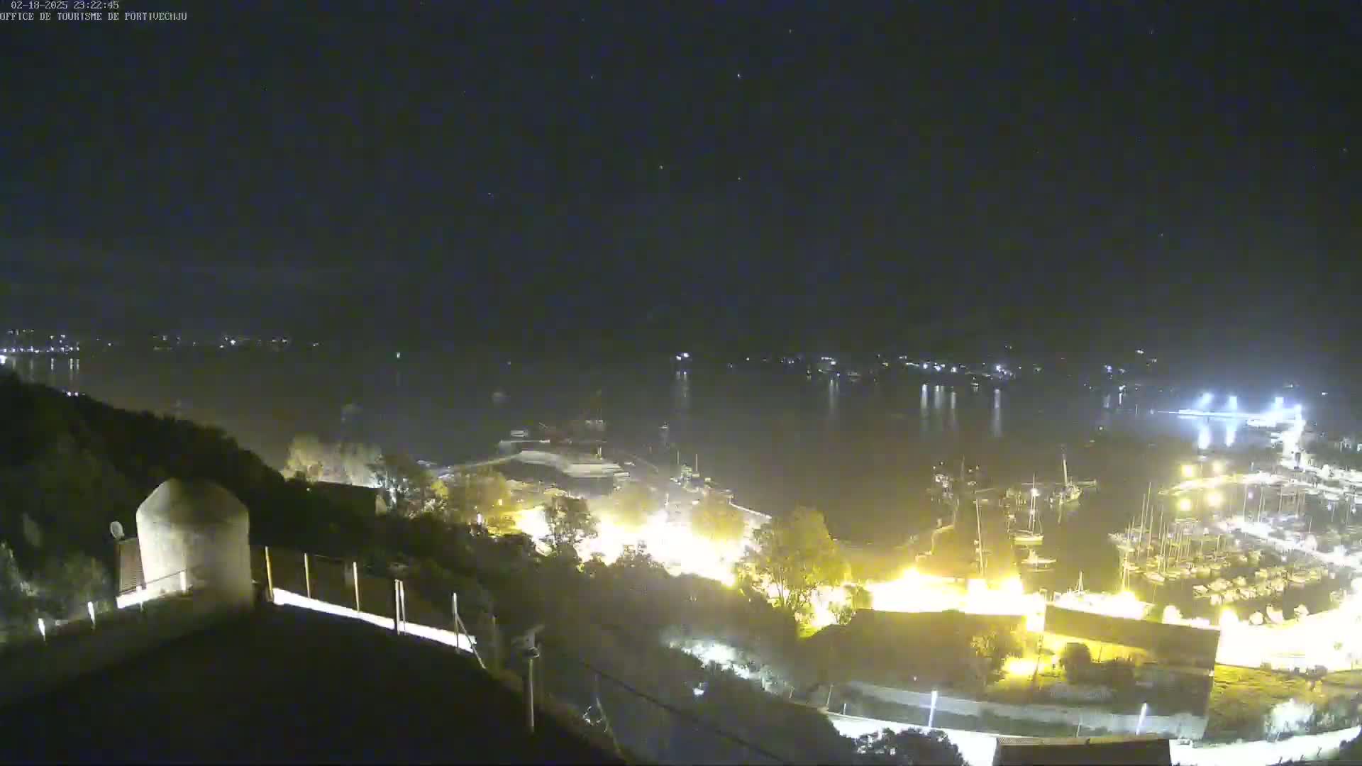 A nighttime, high-angle view shows a calm body of water with a marina filled with boats, illuminated by lights, next to a hillside town under a clear, starry sky.