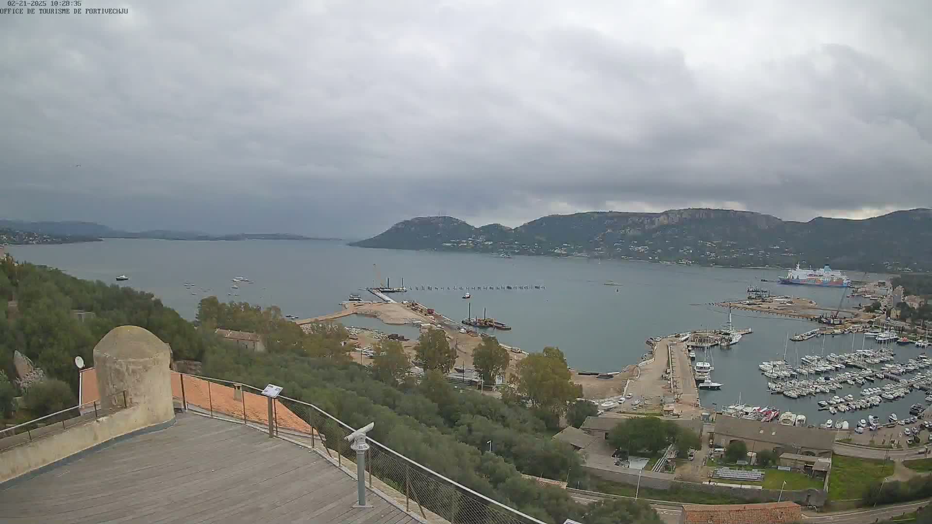 An overcast day reveals a harbor filled with numerous boats and ships, nestled between a verdant hillside and a calm bay bordered by distant mountains.