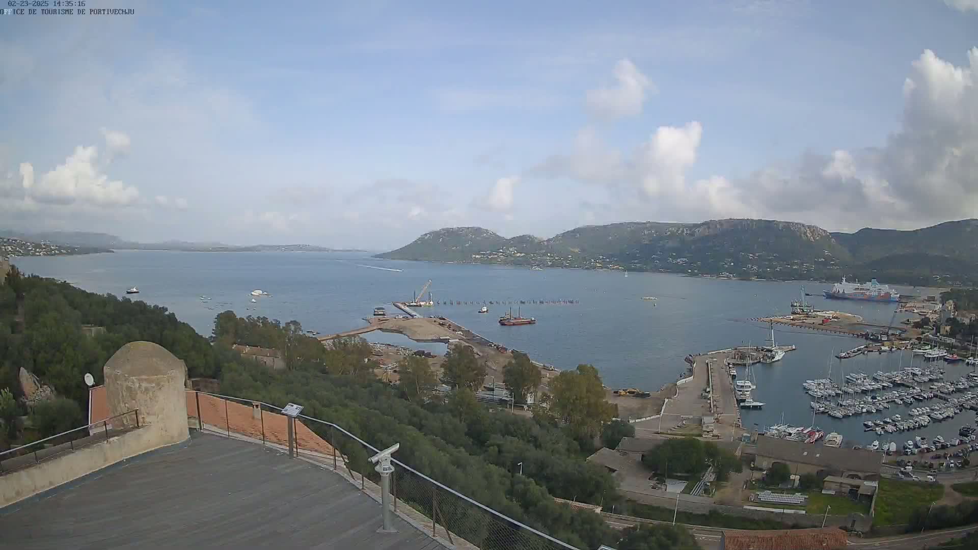 A partly cloudy day overlooks a harbor filled with boats and a construction site, with hills and a calm bay in the distance.