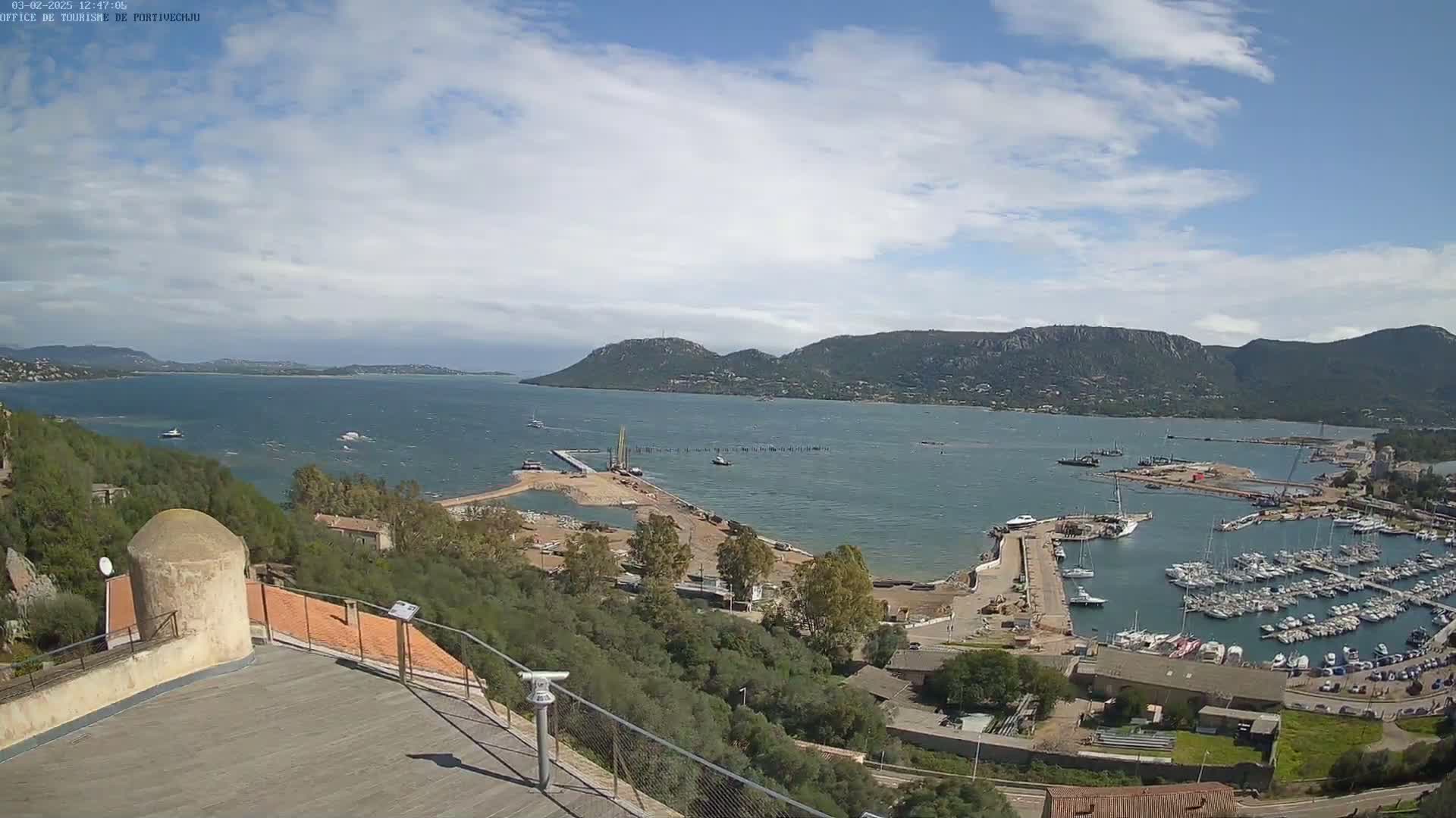A partly cloudy day overlooking a harbor filled with boats, construction activity, and a body of water surrounded by hills.