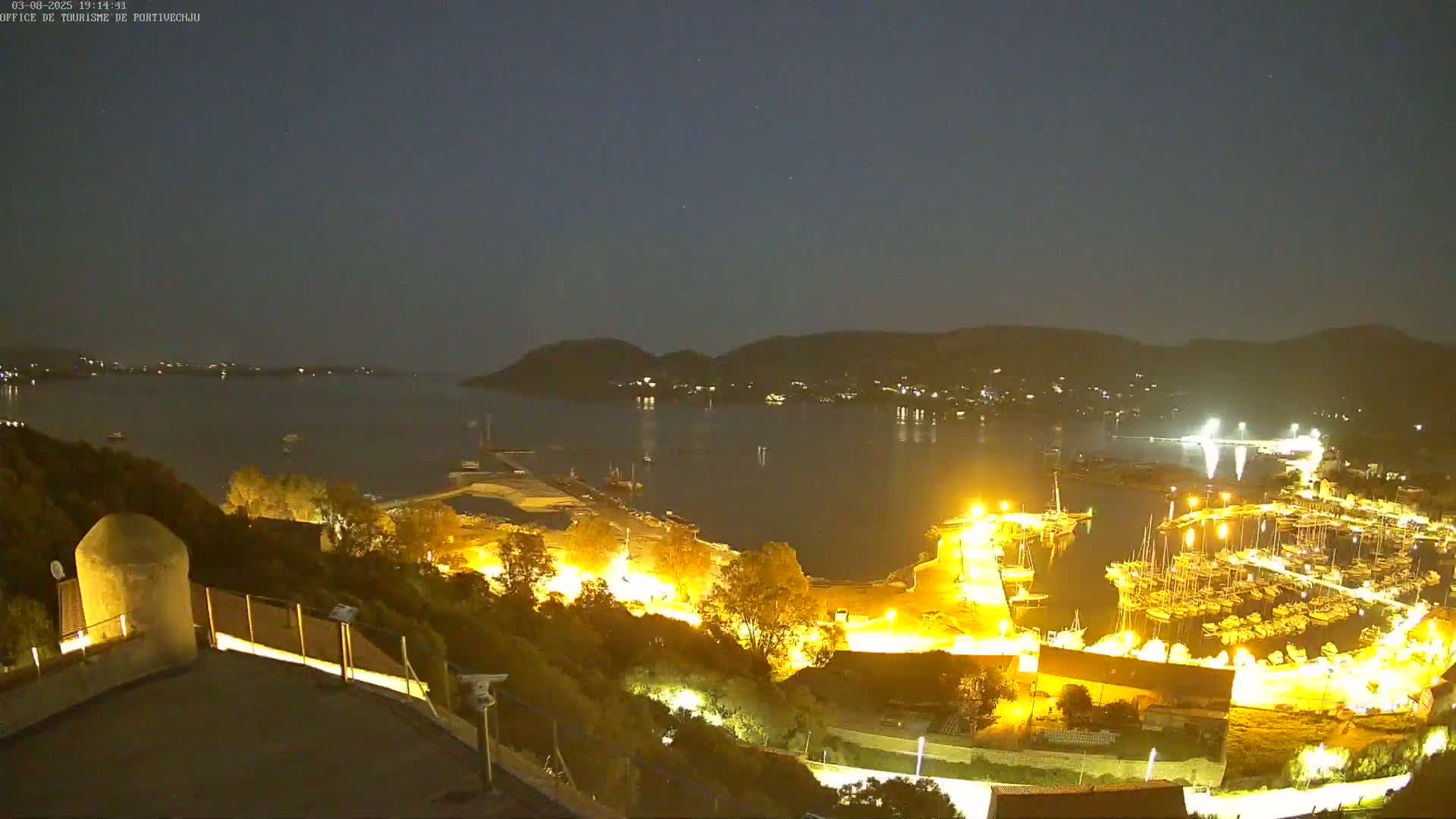 A nighttime view of a harbor filled with boats, illuminated by artificial lights, with a calm body of water extending to hills in the distance under a clear, dark sky.