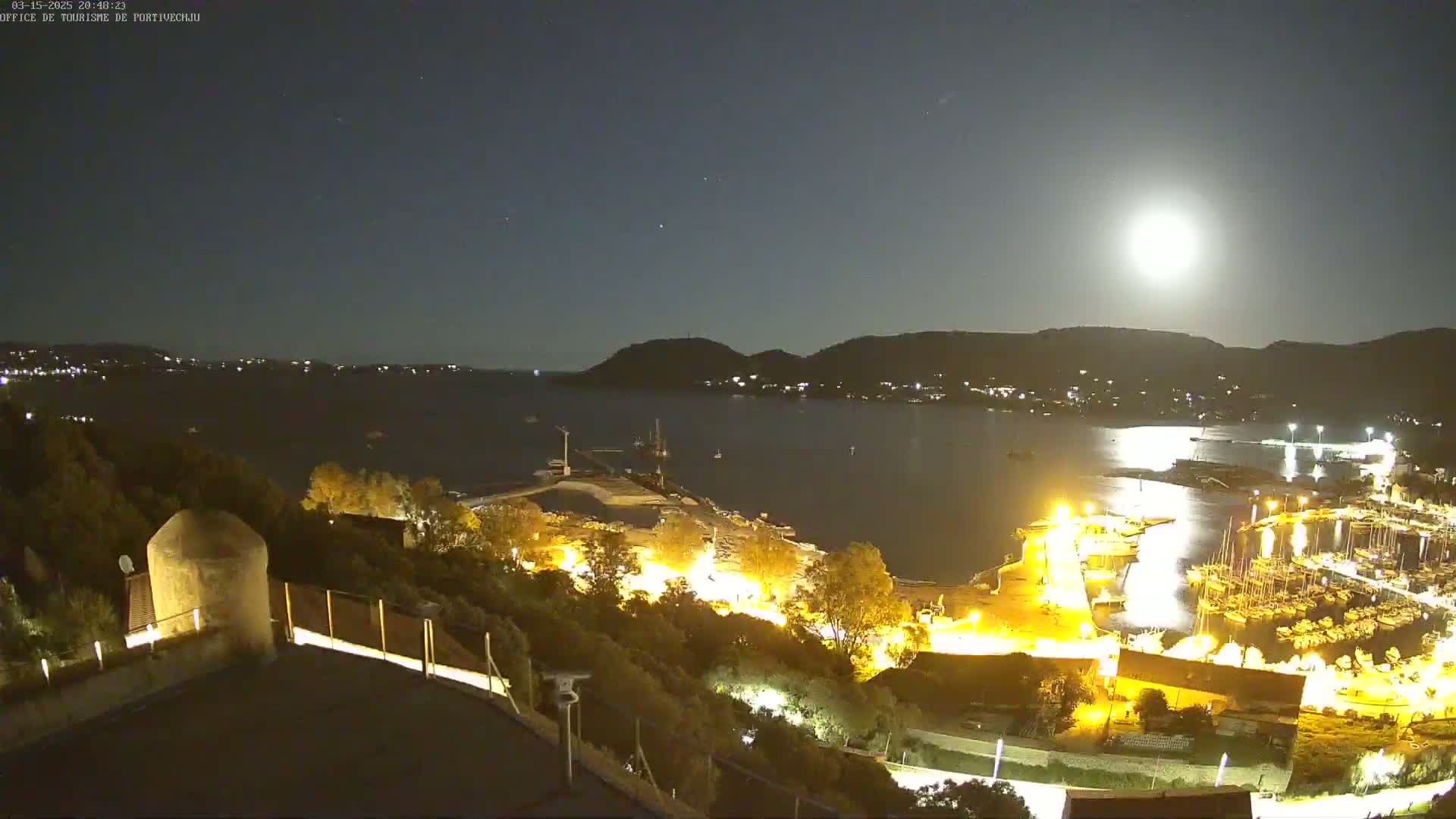 A brightly lit marina and town are nestled on a hillside overlooking a calm, moonlit bay under a clear night sky.