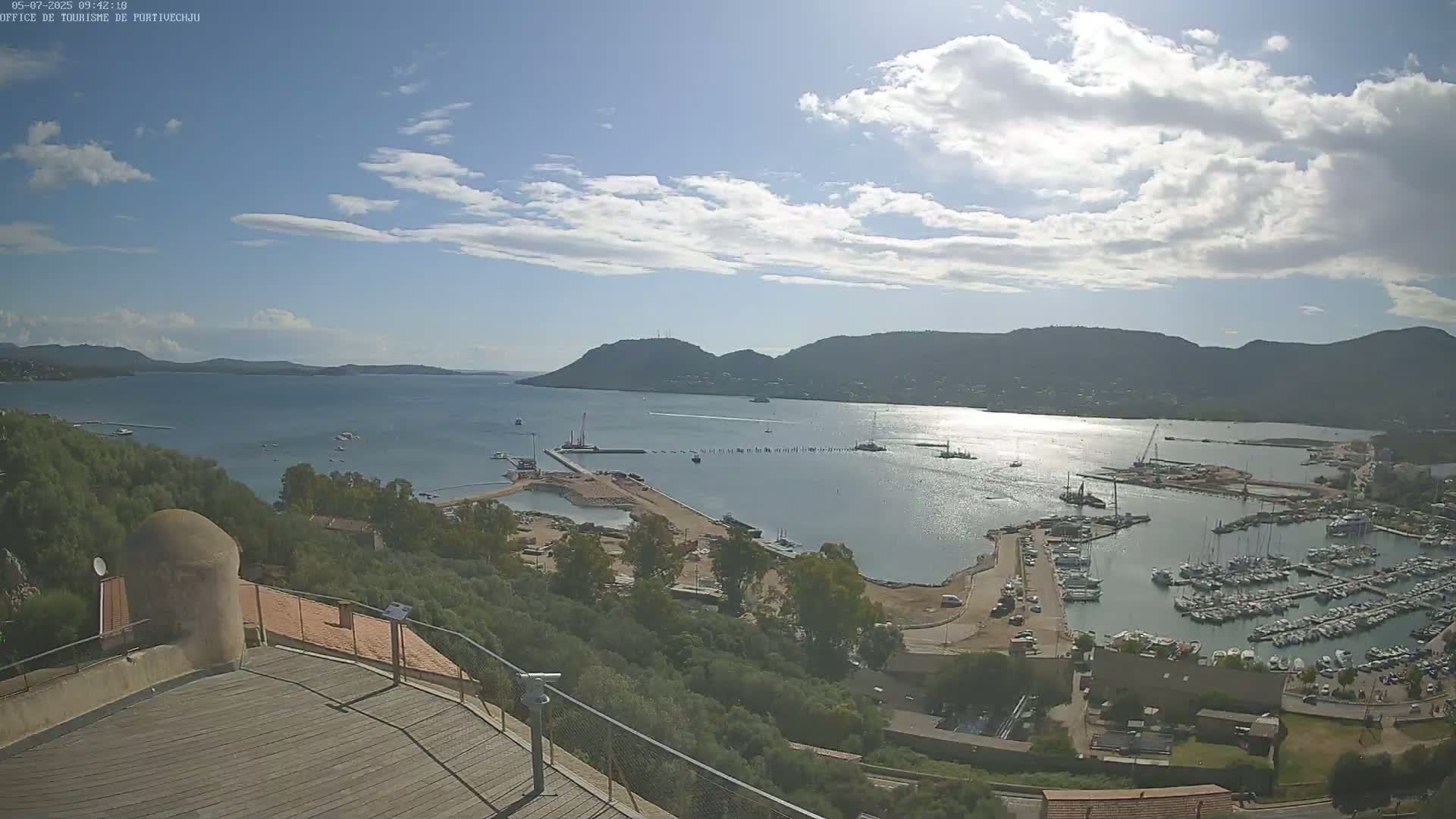 A high-angle, sunny view of a harbor filled with boats, construction, and hills under a partly cloudy sky.