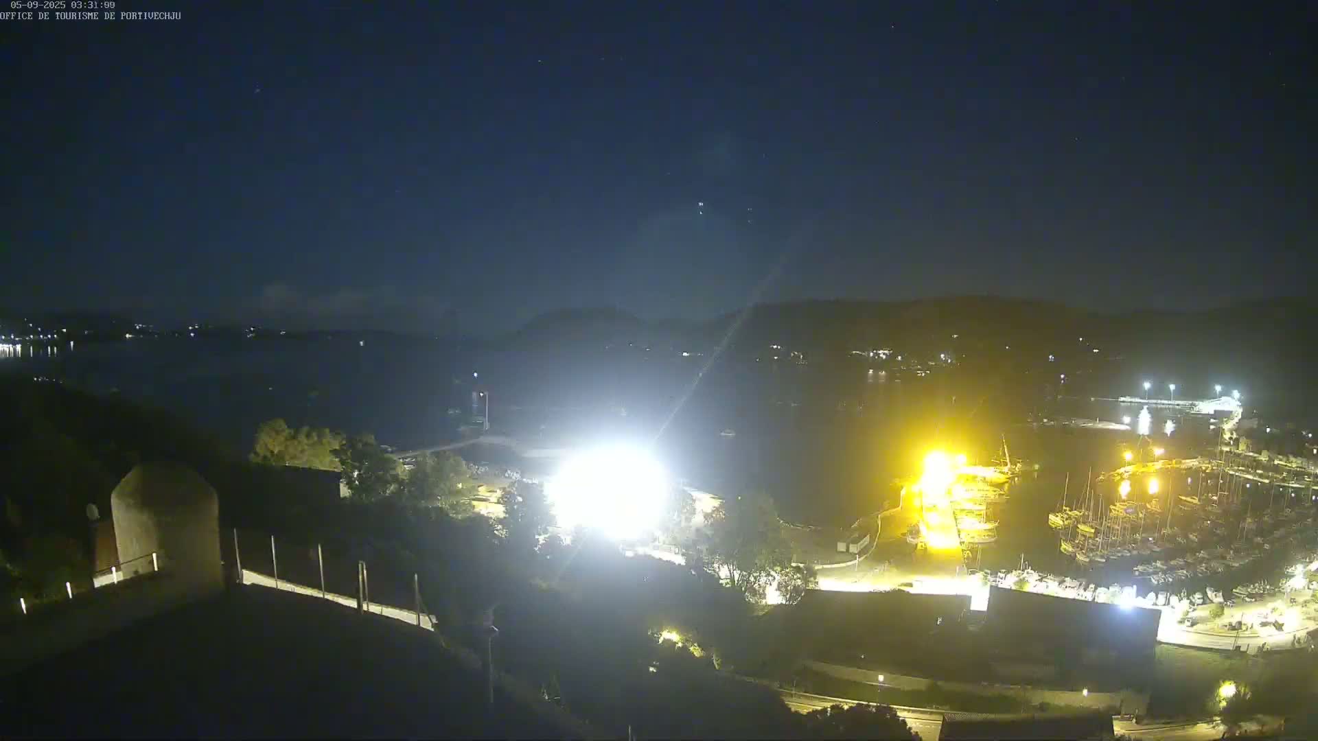 A nighttime view of a harbor filled with boats, brightly lit by artificial lights, under a dark, clear sky.