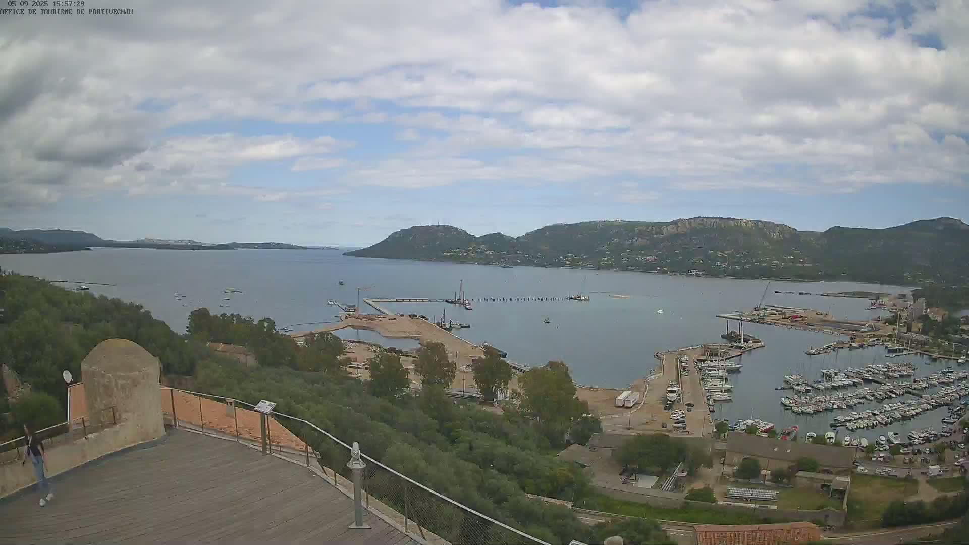 An elevated view shows a partly cloudy day overlooking a harbor filled with boats and construction, a calm bay, and hills in the distance.