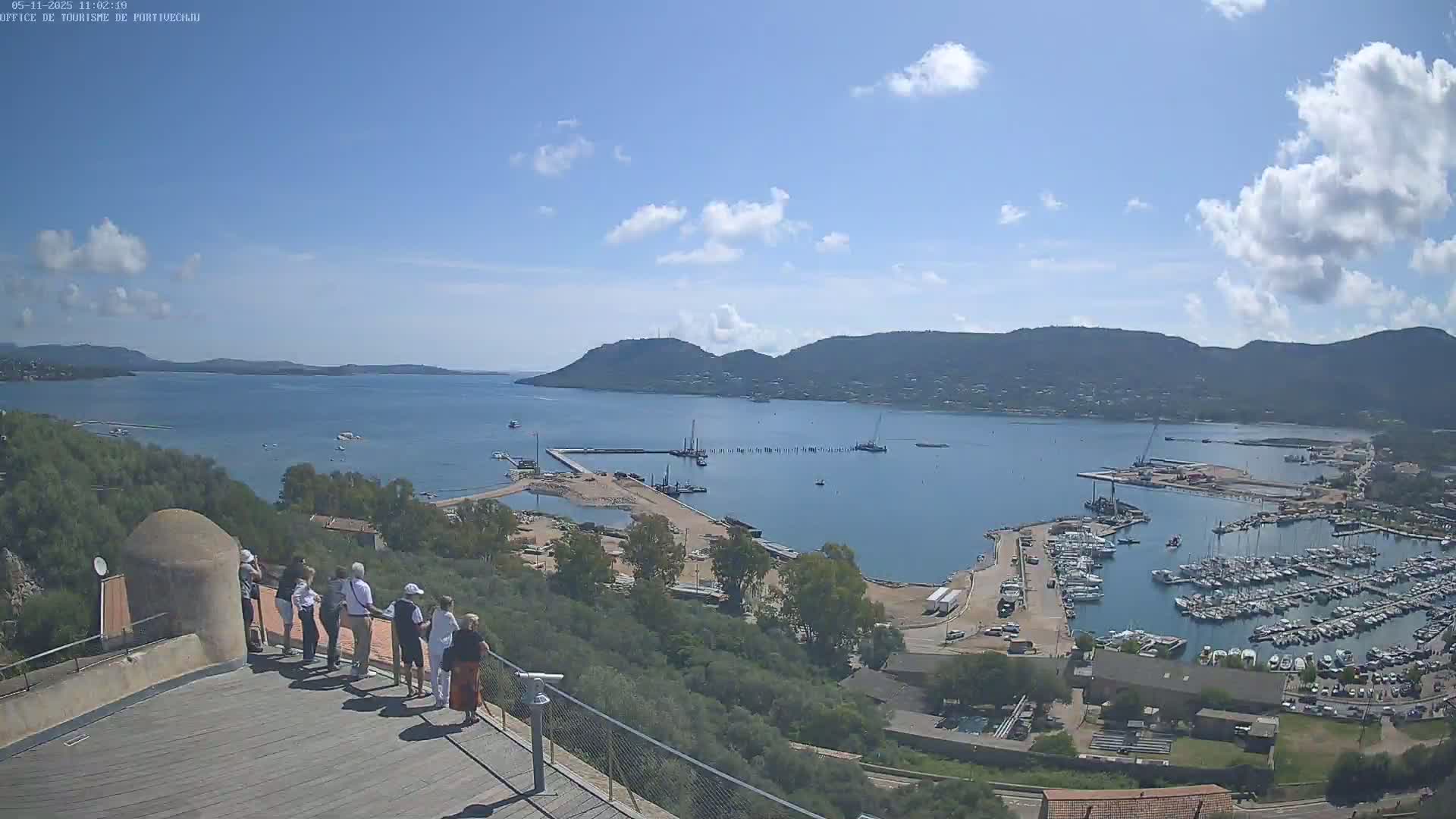 A high-angle view on a partly sunny day shows a harbor filled with boats, a small group of people standing on an overlook, and hills in the distance.