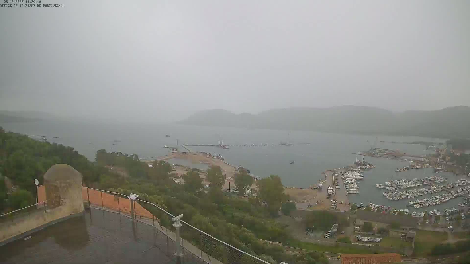 A high-angle, long shot shows a harbor filled with boats on a hazy, overcast day.