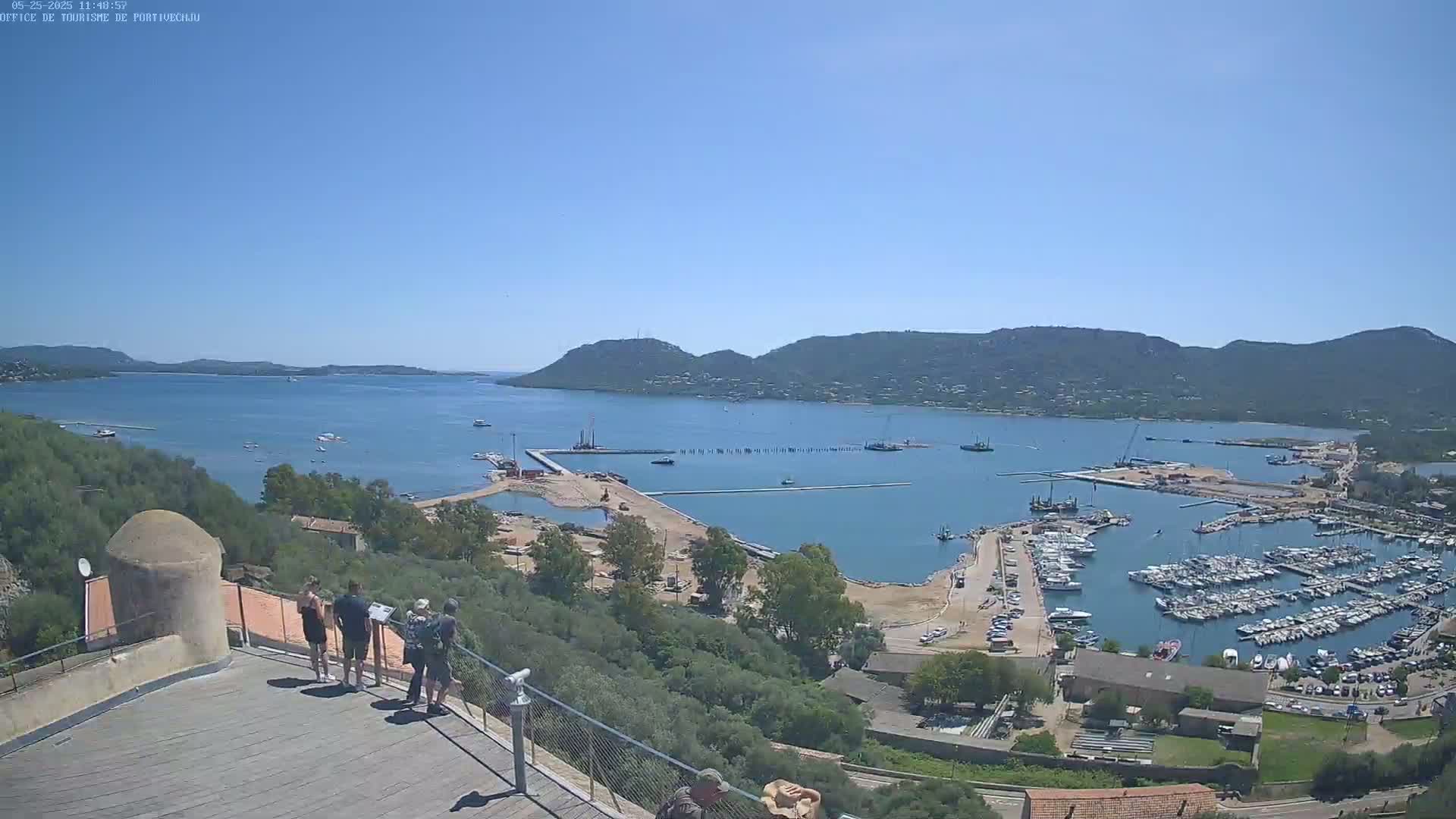 A high-angle, sunny view of a harbor with numerous boats, construction activity, and several people observing the scene from an elevated vantage point.