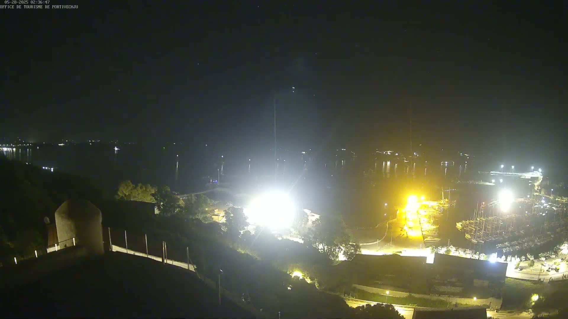 A nighttime, high-angle view of a marina illuminated by bright lights, nestled along a dark body of water under a clear, starry sky.