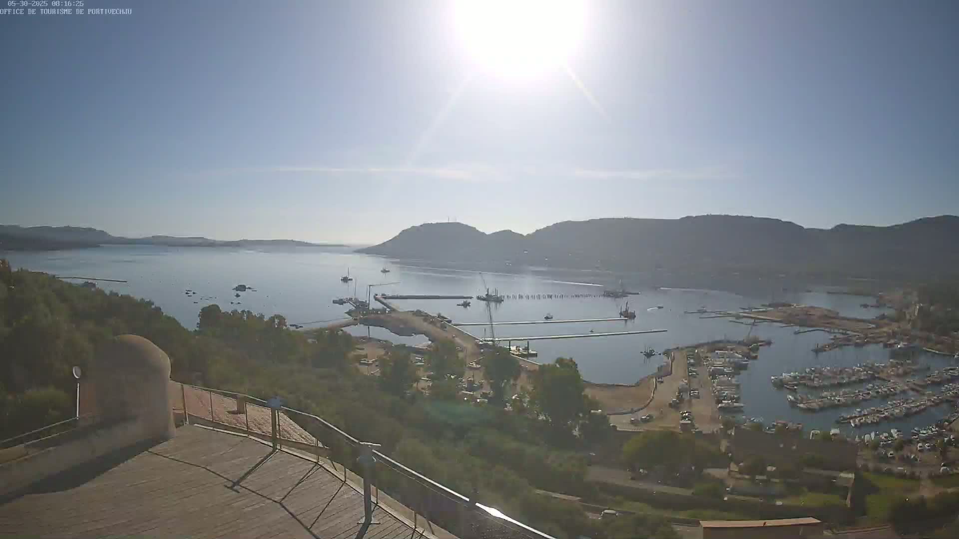 A sunny day overlooking a harbor filled with boats, construction equipment, and hills in the background.