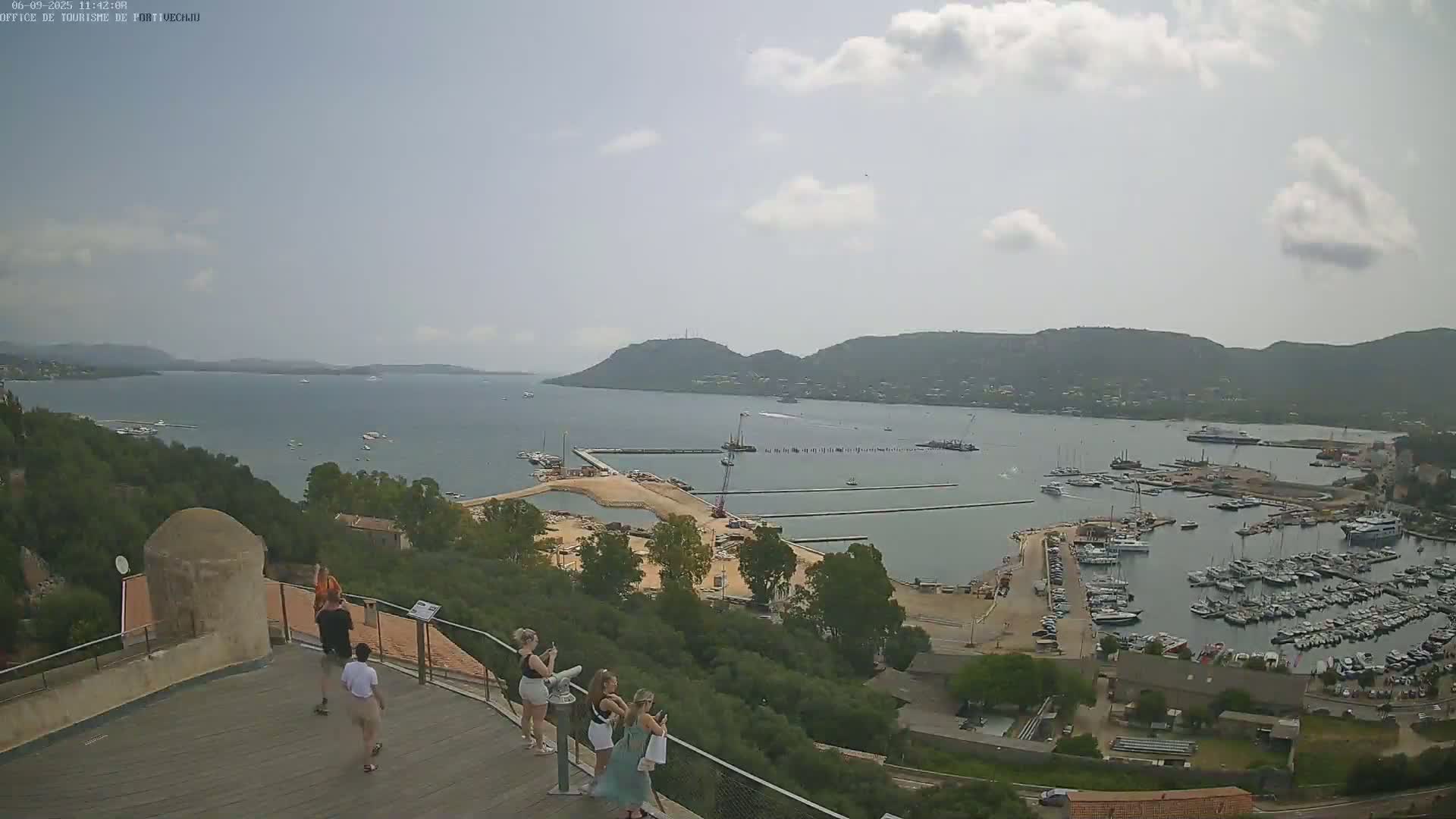 An elevated view of a harbor filled with boats on a partly cloudy day, with several people standing on a viewing platform overlooking the scene.
