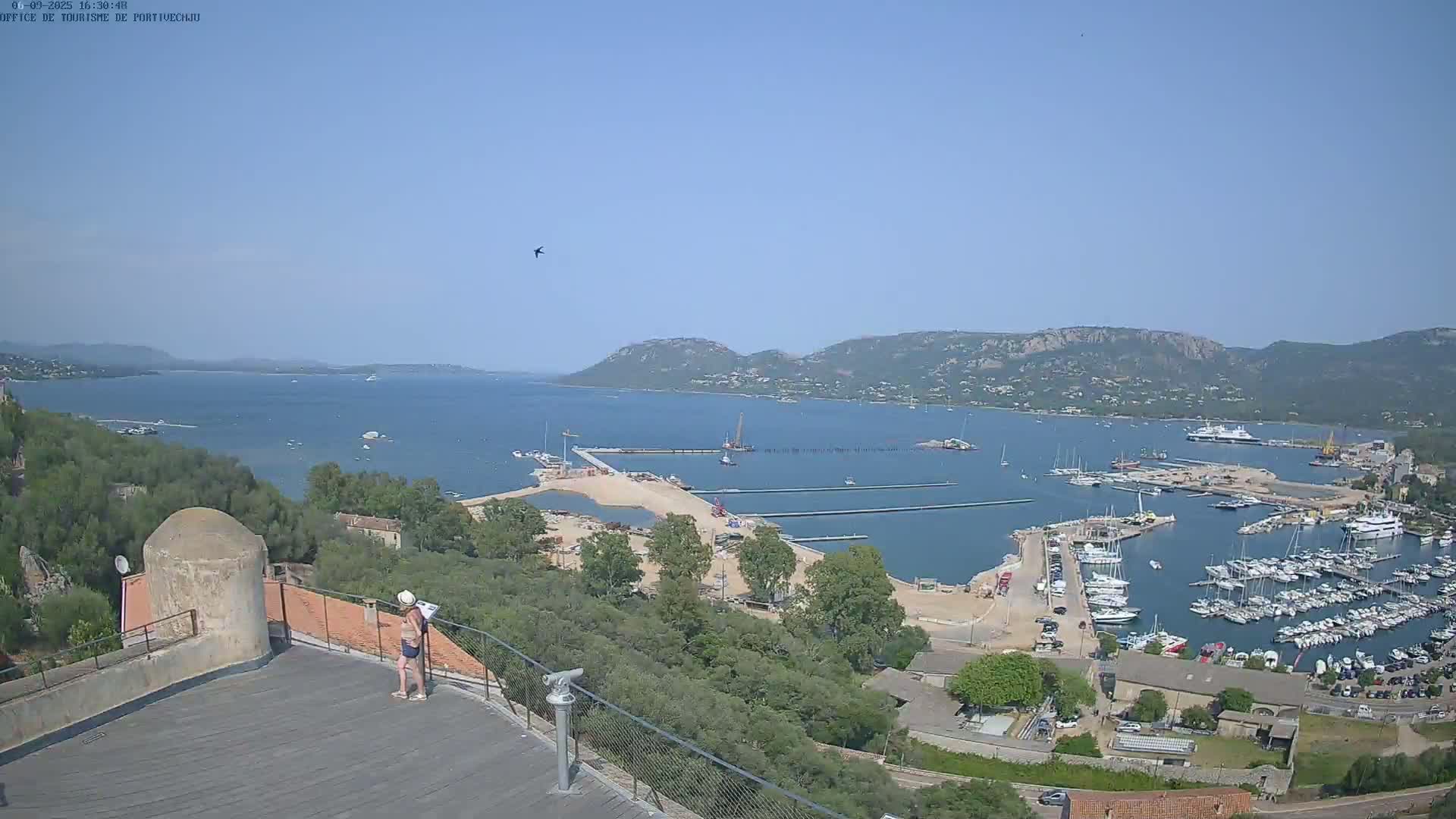 A person stands on a rooftop overlooking a harbor filled with boats on a sunny day, with hills and a body of water in the background.