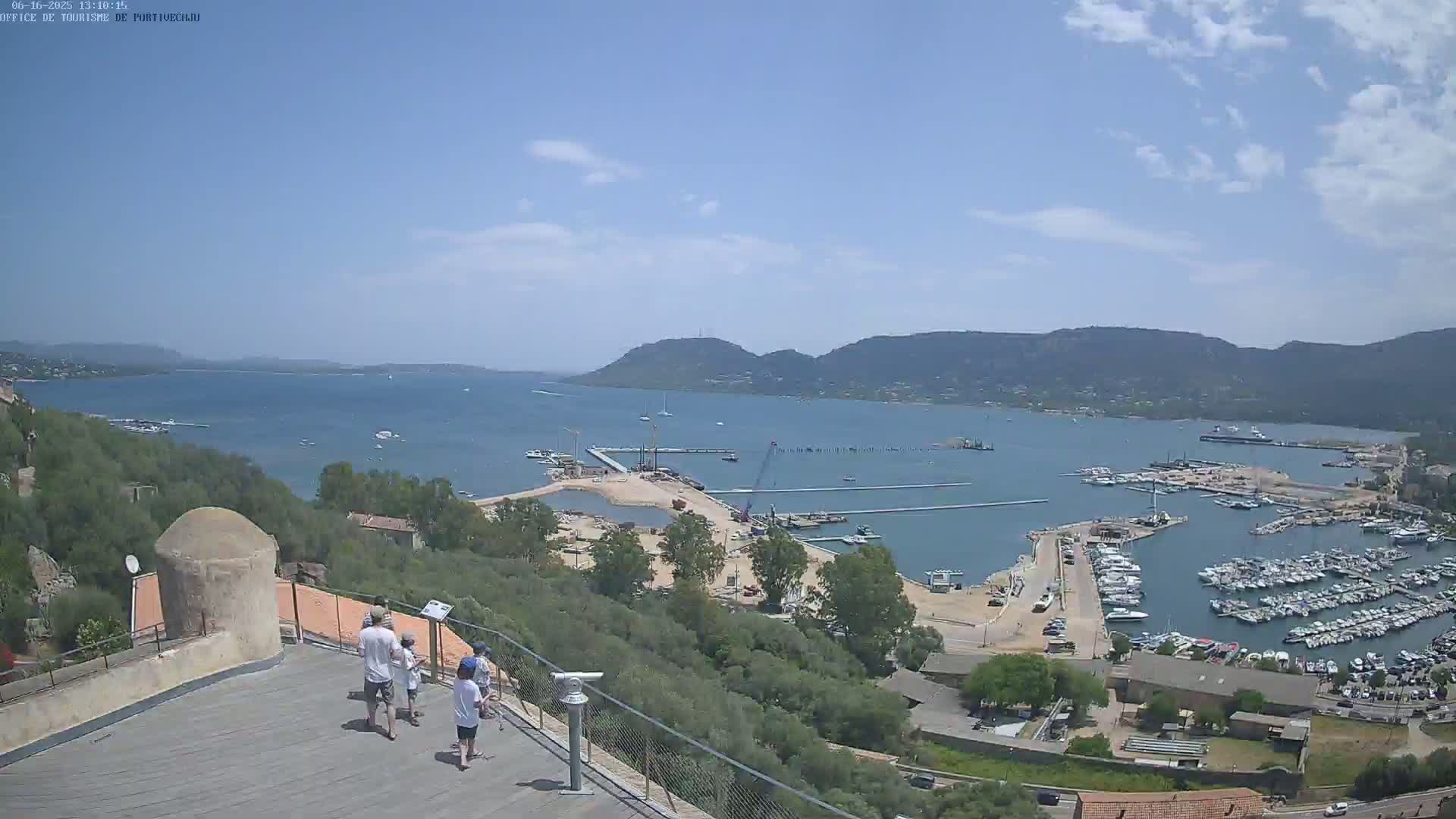 An elevated view on a sunny day shows a harbor filled with boats, construction in progress near a waterfront, and a group of people standing near a stone structure overlooking the scene.