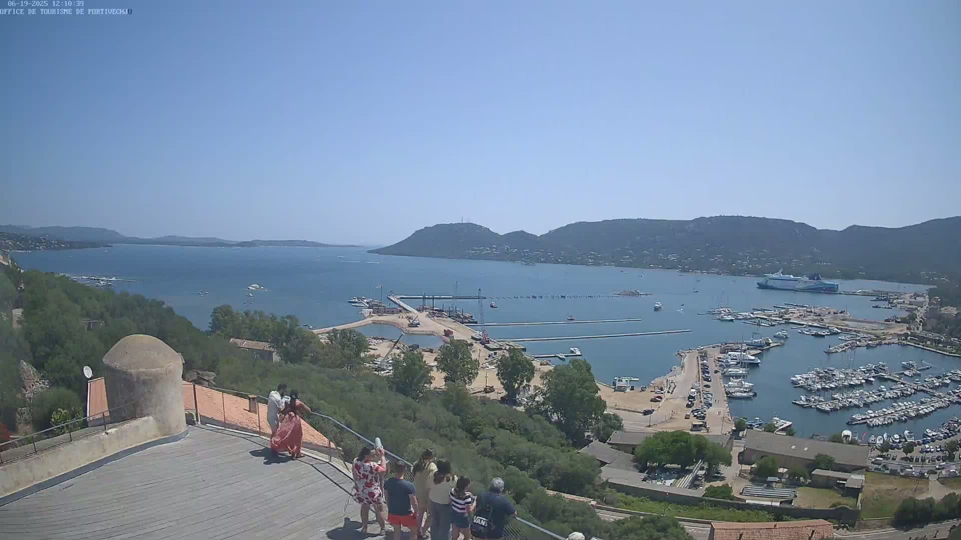 A sunny day overlooking a harbor filled with boats, a larger ship, and a construction area, with several people standing on a rooftop in the foreground.