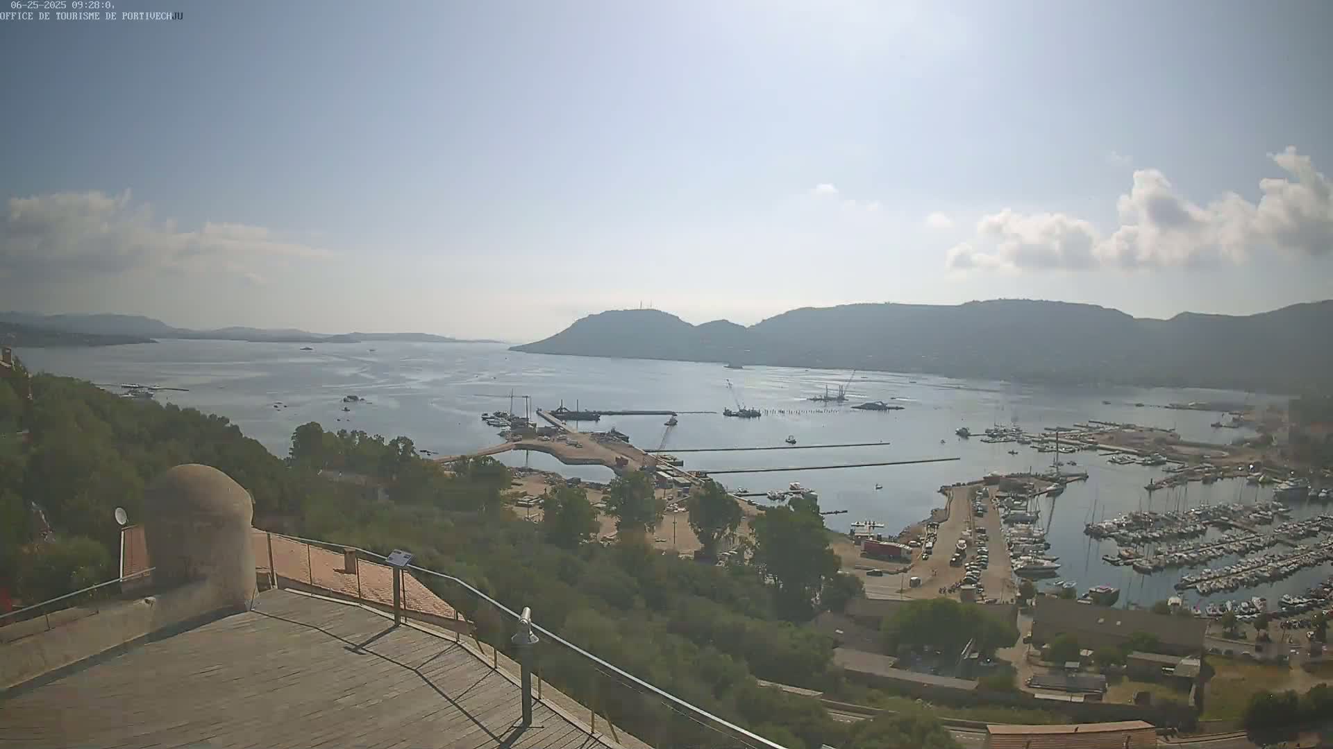 A sunny day overlooking a harbor filled with boats, a marina, and construction activity near hills and calm water.