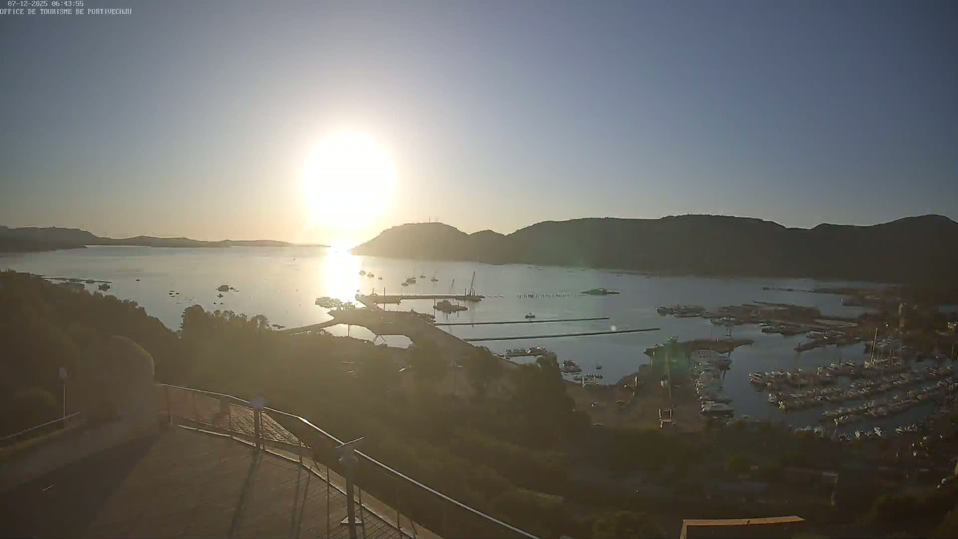 A high-angle, long shot on a sunny day shows a harbor filled with boats, surrounded by hills and greenery, with construction visible in the foreground.