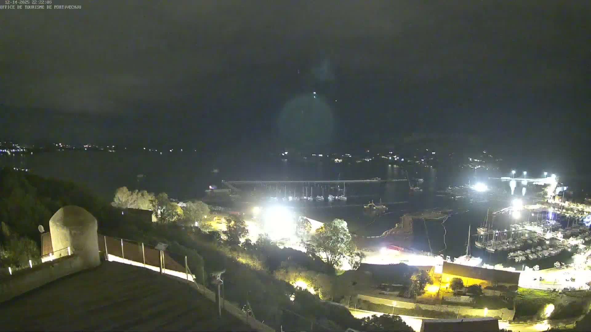 A panoramic view from a high vantage point reveals a bustling port and bay with numerous boats and ongoing construction, surrounded by green hills under a bright, clear, and sunny sky.