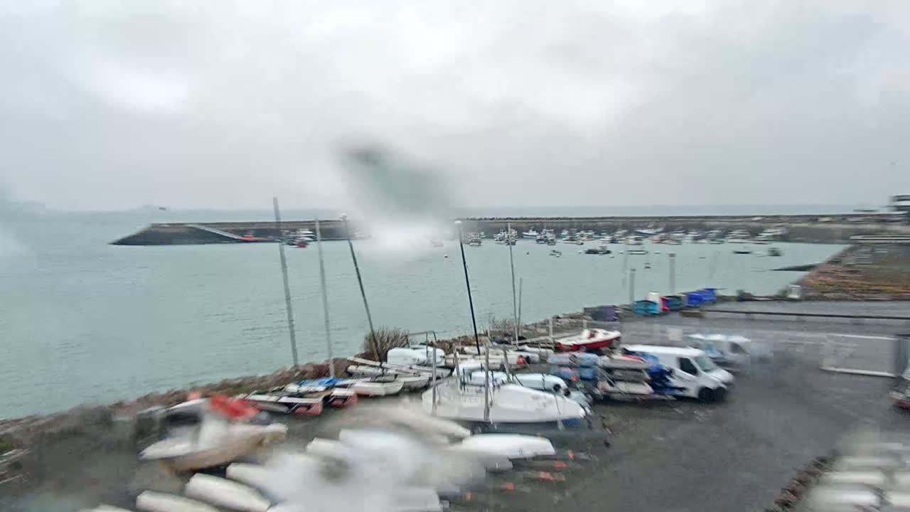 Many sailboats are docked in a harbor on an overcast day with rain.