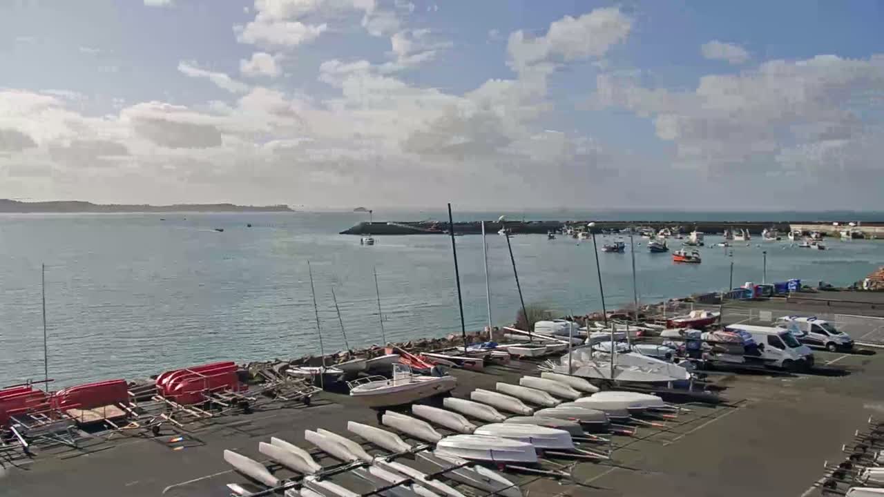A harbor filled with numerous boats and sailboats, under a partly cloudy sky, with several vehicles parked nearby.