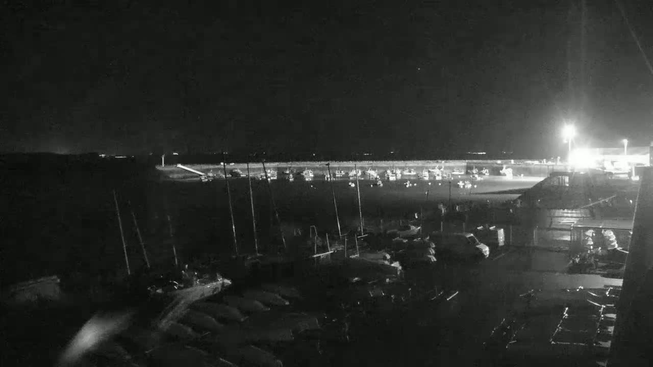 A nighttime view of a harbor filled with numerous boats, illuminated by artificial lights, with a calm body of water extending to a dark shoreline in the background.
