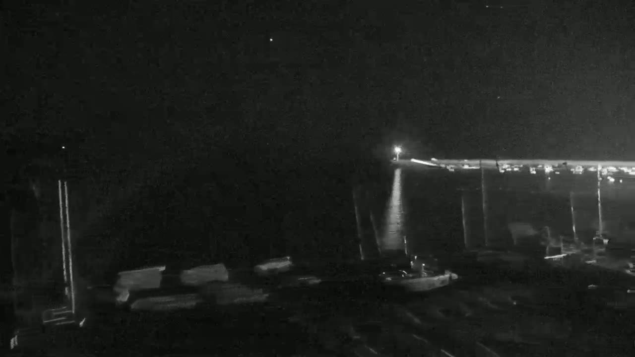 A nighttime view of a harbor with numerous boats moored, illuminated by faint lights under a clear, starry sky.