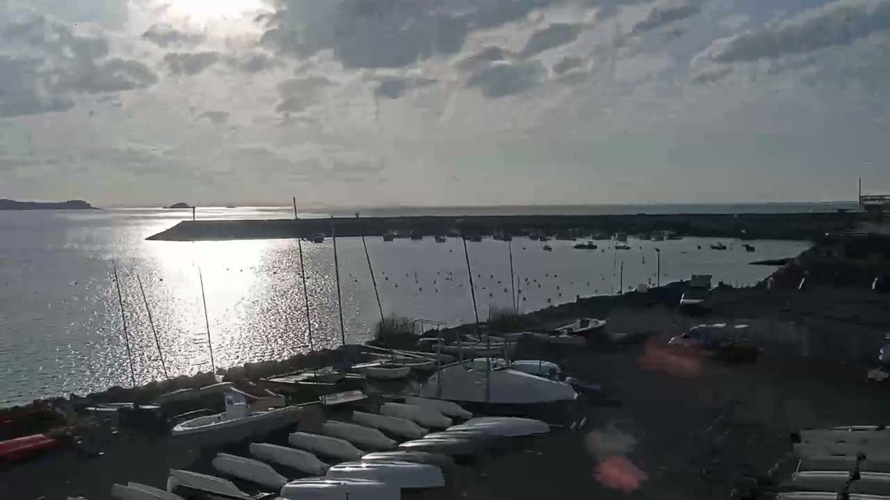 A calm body of water reflects sunlight under a partly cloudy sky, with numerous small boats moored in a harbor and many more docked on land.