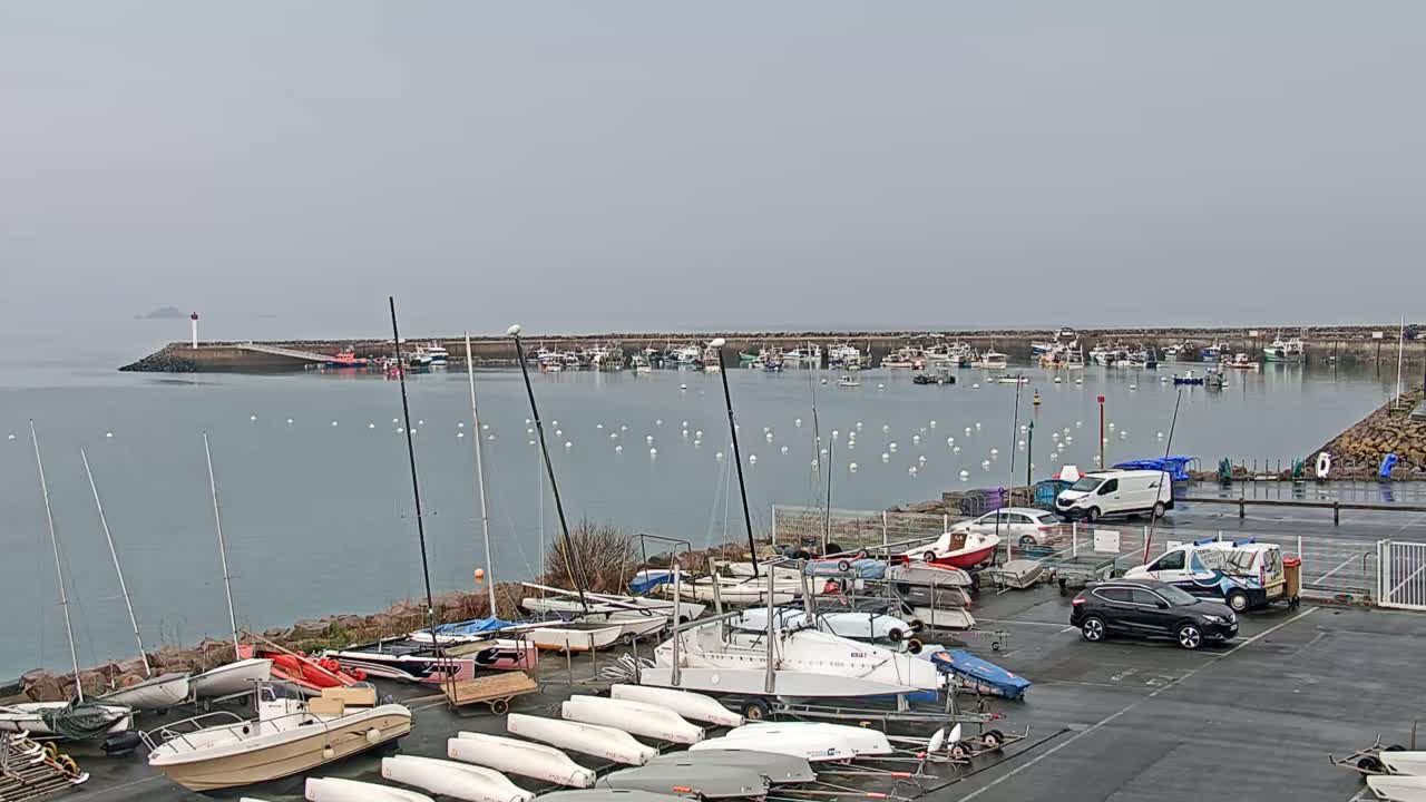 A harbor filled with numerous sailboats and motorboats, some moored and others parked on land, is visible under an overcast sky.