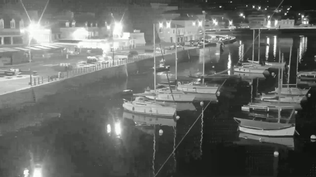 At night, several sailboats are moored in a calm harbor next to a brightly lit waterfront.