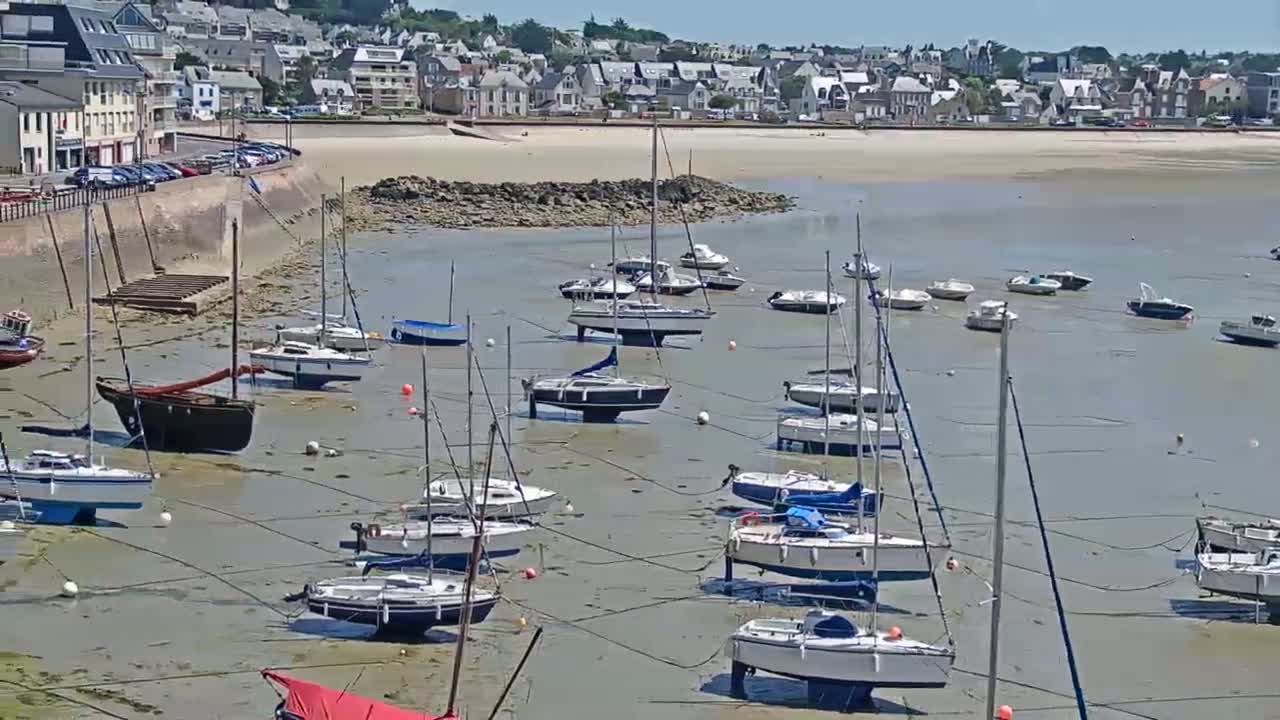 Numerous sailboats are grounded on a tidal flat in a harbor near a coastal town on a sunny day.