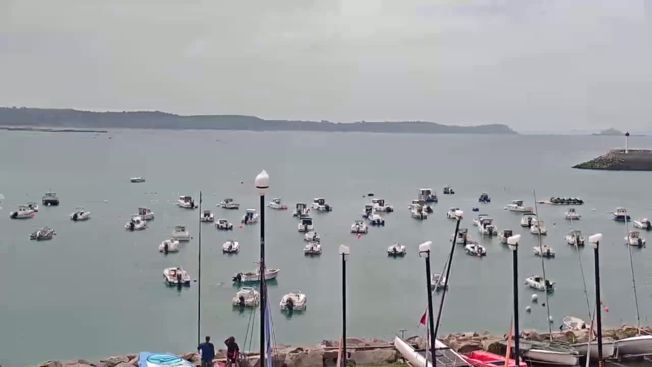 A calm, overcast day shows numerous small boats moored in a harbor, with a distant landmass visible across the water.