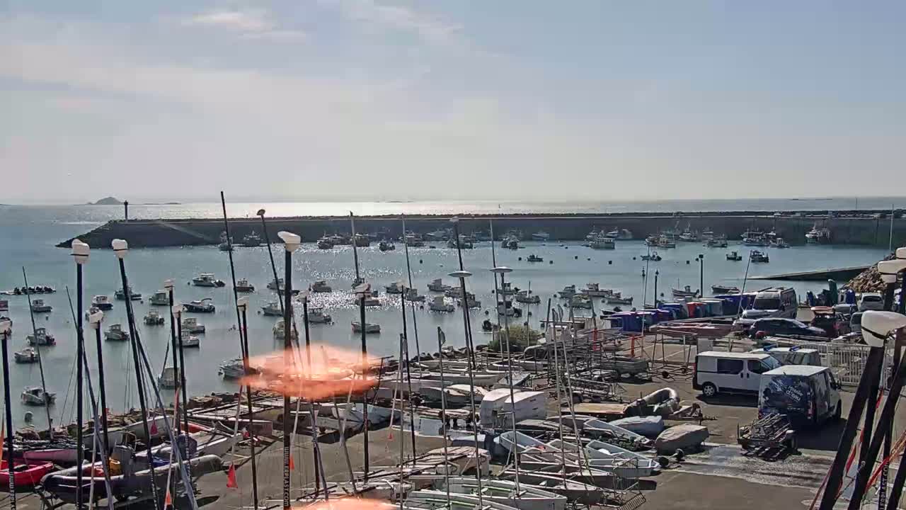 A harbor filled with numerous boats, some in the water and others docked, is shown under sunny skies.