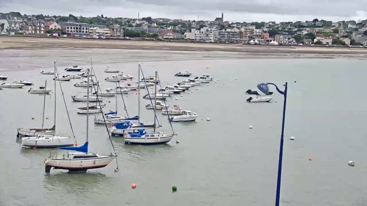 Numerous sailboats and motorboats are moored in calm, shallow water near a town under an overcast sky.