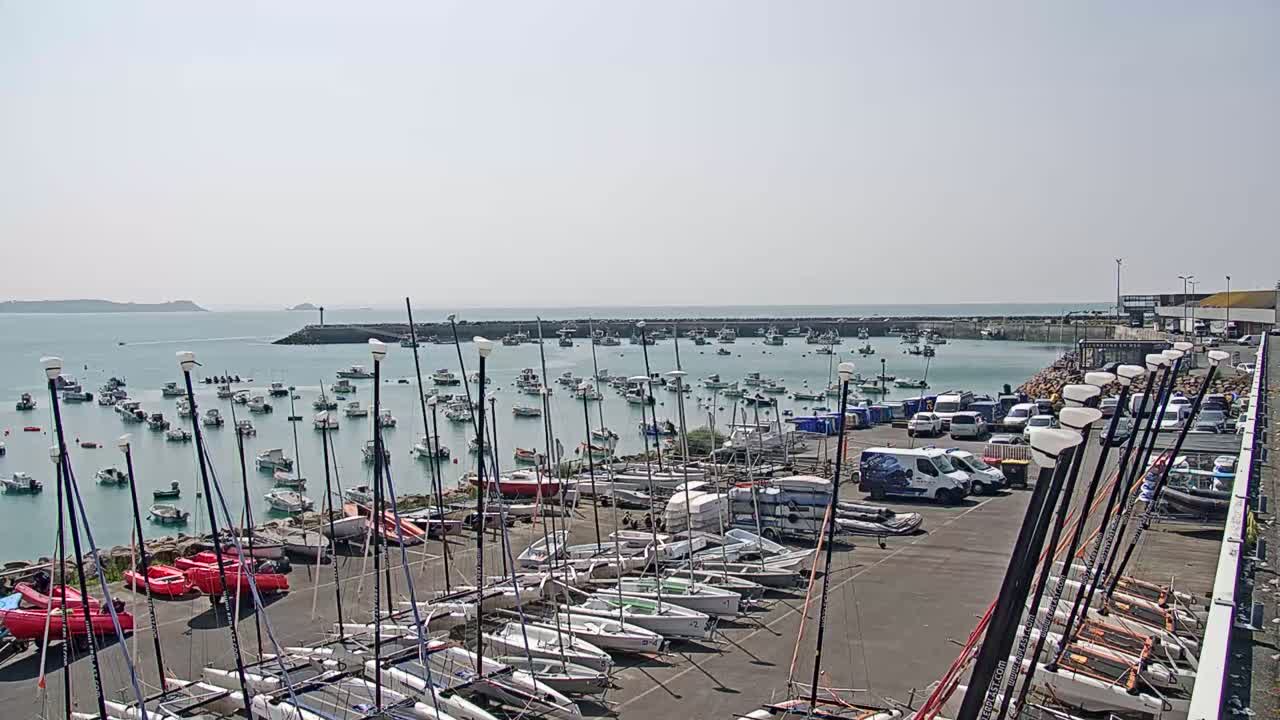 Many sailboats are docked in a harbor on a sunny day, with additional boats anchored in the water beyond a seawall.