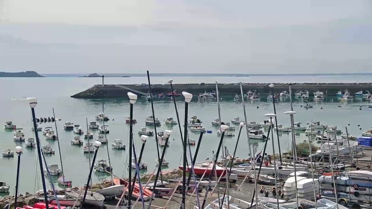 A harbor filled with numerous sailboats and motorboats under a mostly cloudy sky.