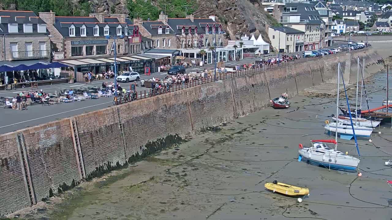A seaside town with a brick wall separating a crowded promenade and waterfront restaurants from a harbor where sailboats are moored at low tide on a sunny day.