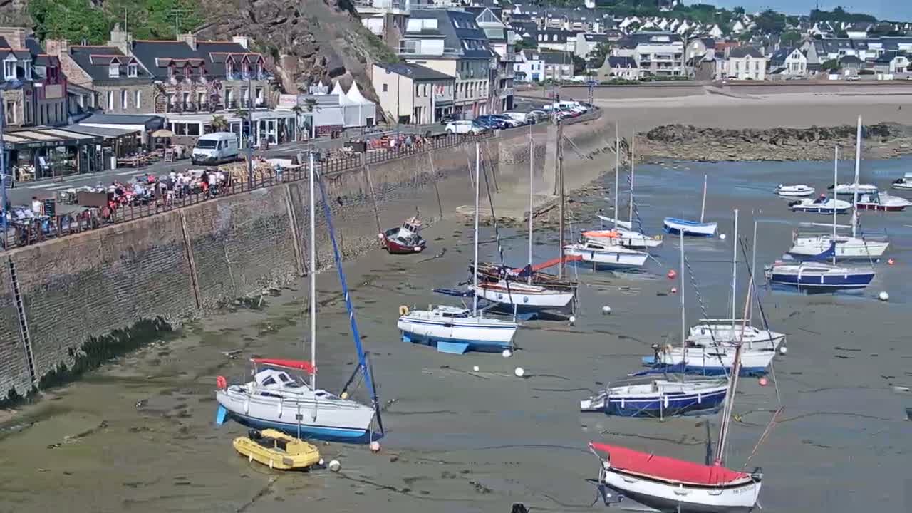 Many sailboats are resting in a harbor at low tide, near a seaside town with buildings and people along a stone wall.