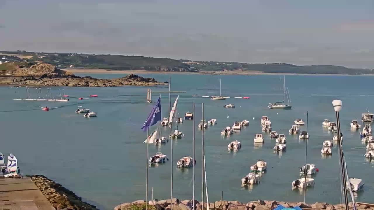 Numerous sailboats and motorboats are moored in a calm bay on a sunny day, with a rocky shoreline and distant land visible.