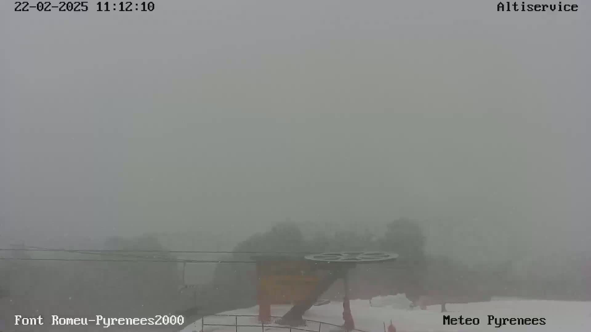 A snow-covered landscape is barely visible through heavy fog or snow.