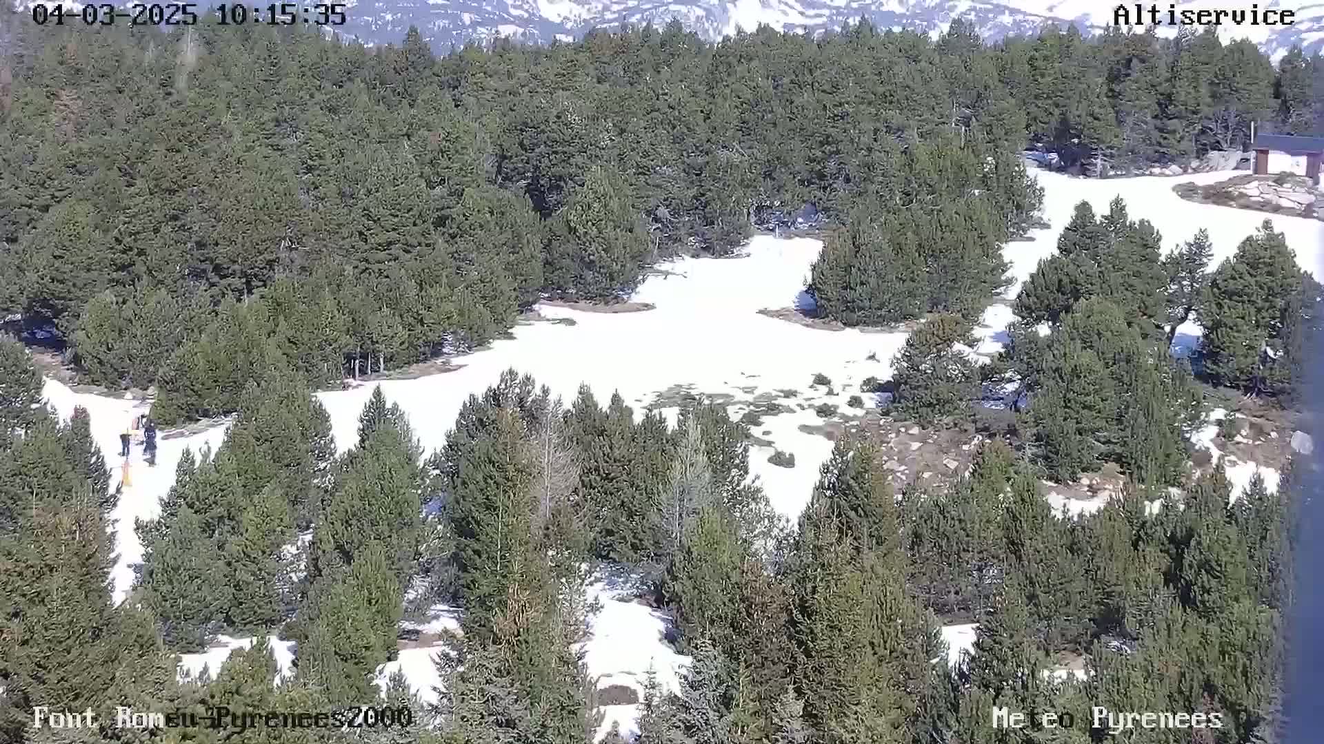 A snowy, partially forested area with a few people visible in the distance under a sunny sky.
