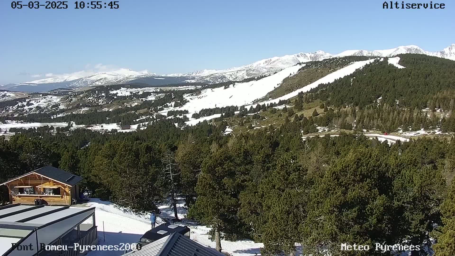 A snow-covered mountain range is visible in the distance, under a clear blue sky, with evergreen trees covering the foreground and a small building nearby.