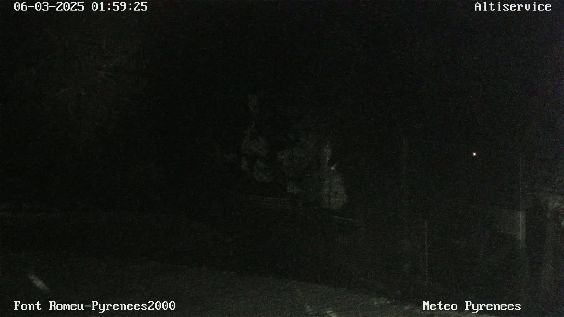 A nighttime, low-light view of dark trees and a structure under a clear, dark sky with a single, distant light visible.