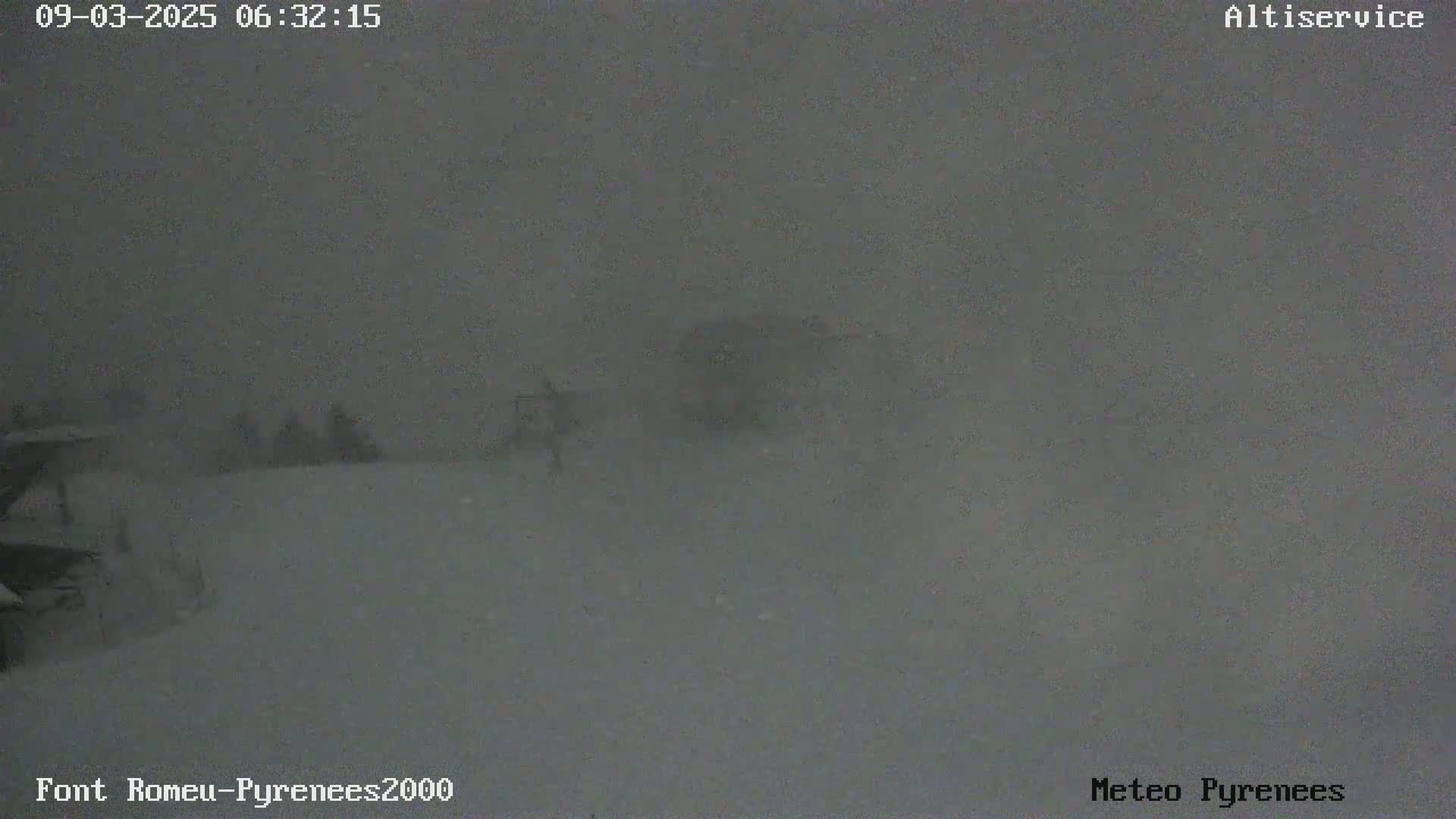 A snow-covered landscape is barely visible through heavy snowfall.