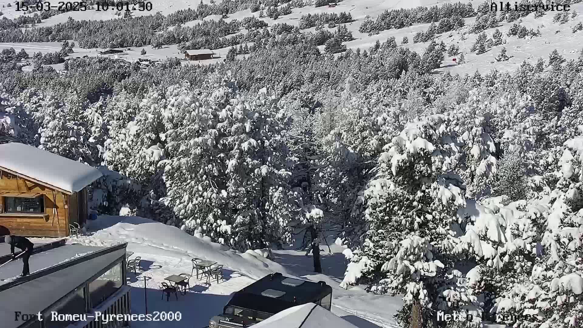 A snow-covered landscape with numerous evergreen trees, small buildings, and outdoor seating is visible under a sunny sky.