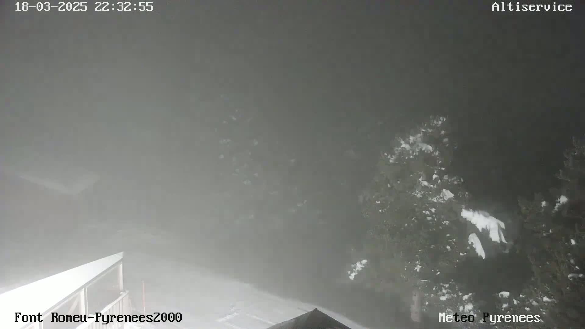 A snowy, foggy scene at night shows a partially visible building and snow-covered trees.